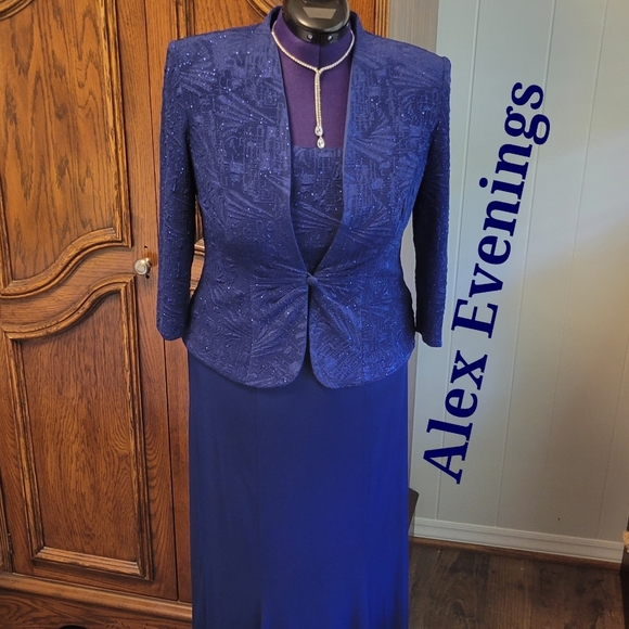 Alex Evenings | Dresses | Hpalex Evenings 2 Pc Electric Blue Long Lace  Sequin Jacket Dress Size 8 | Poshmark